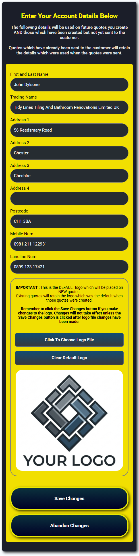 The form where all your data is entered for showing on quotes.